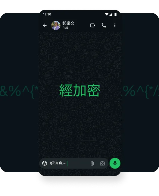 端對端加密畫面的螢幕截圖，顯示你的個人訊息和通話都受到保護