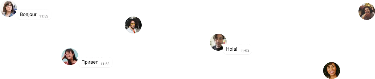 以各種語言打招呼的文字聊天泡泡，附帶個別用戶的圖示